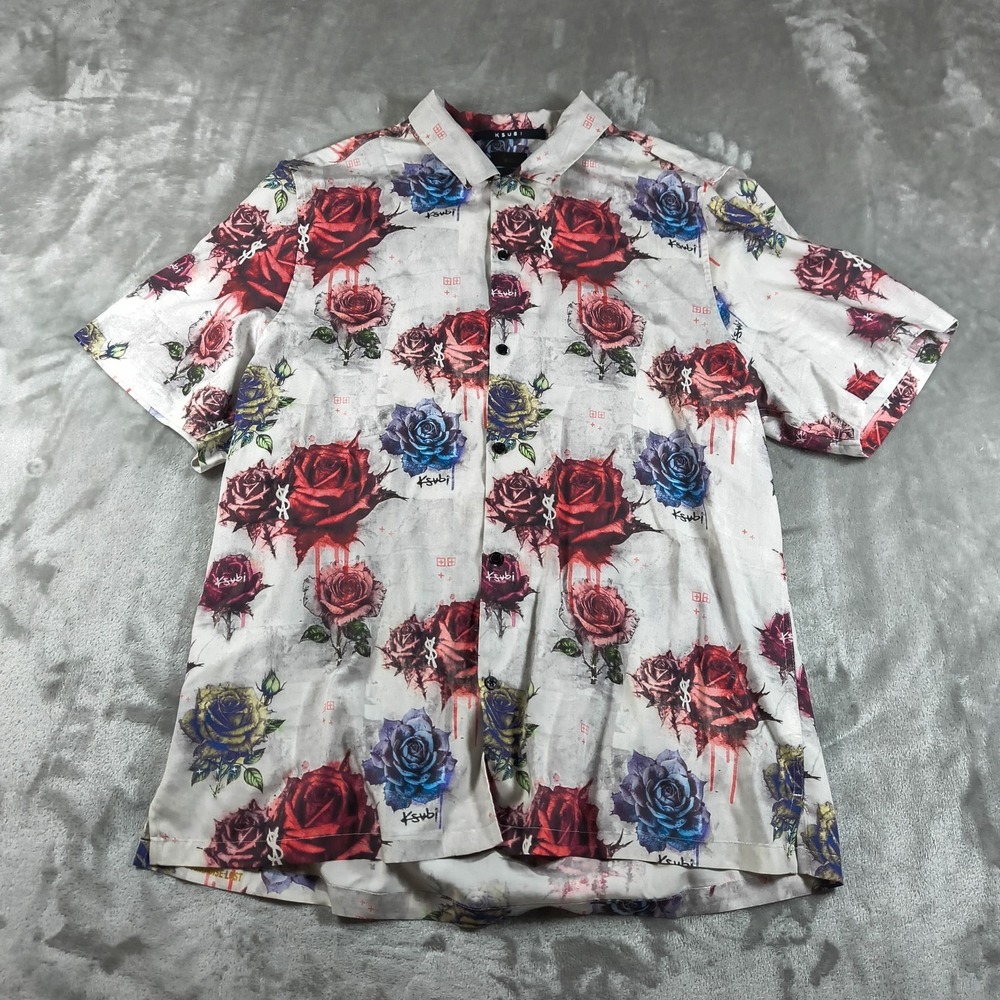 Ksubi Shirt Men XL White Rose Floral Resort Button Up Short Sleeve Paradise Lost